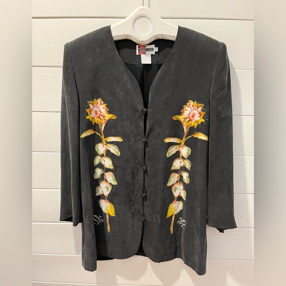 💛 SIMON CHANG - Sunflower Print Jacket with Shoulder Pads - Size 8 - Picture 1 of 8